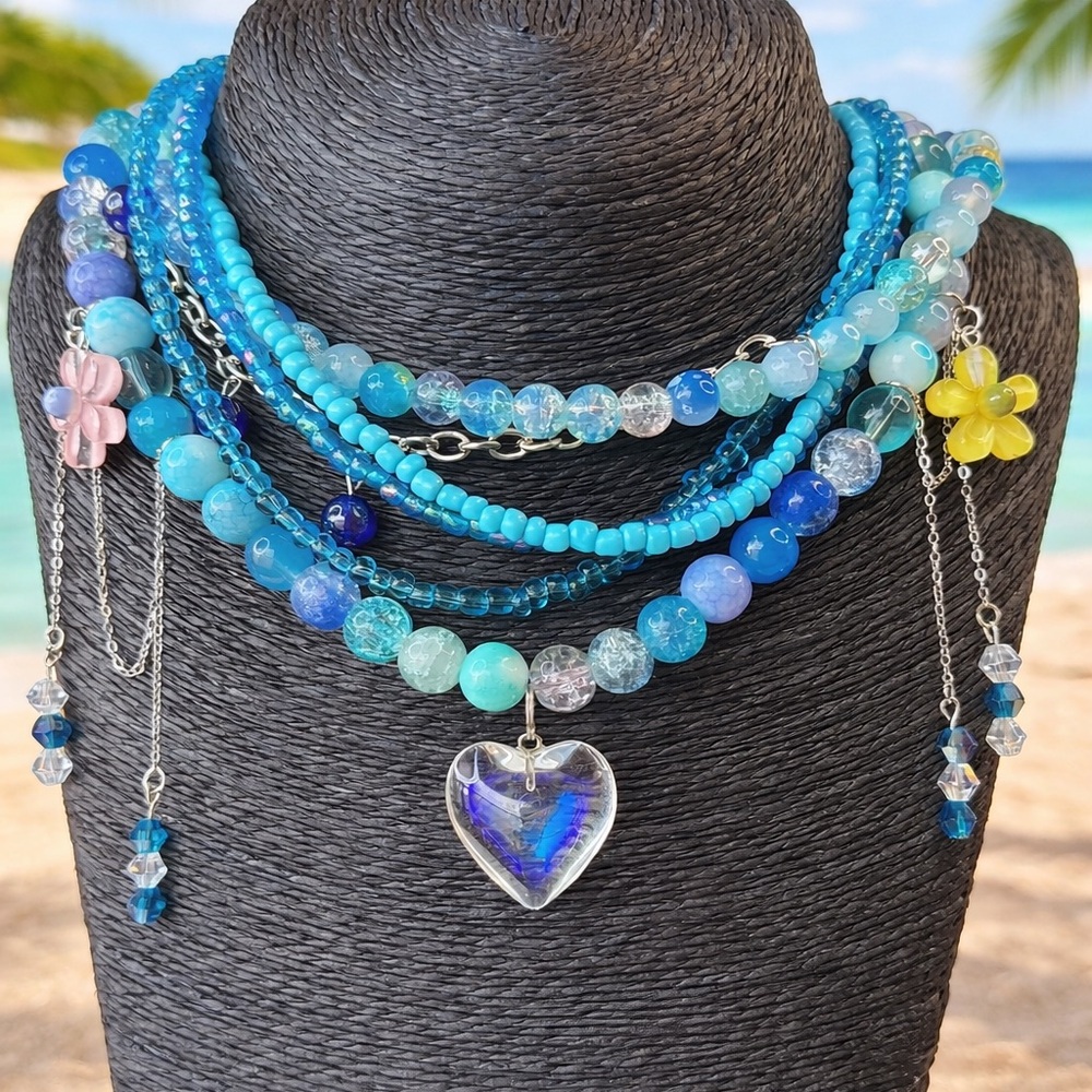 Blue Multi-Strand Beaded Necklace with Heart Pendant